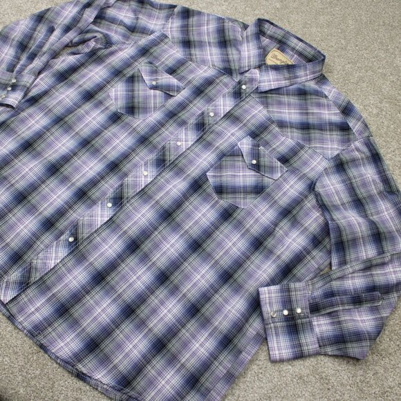 Wrangler Western Shirt Adult 3XL XXXL Purple/Black Plaid Pearl Snap Long Sleeve - Picture 3 of 12
